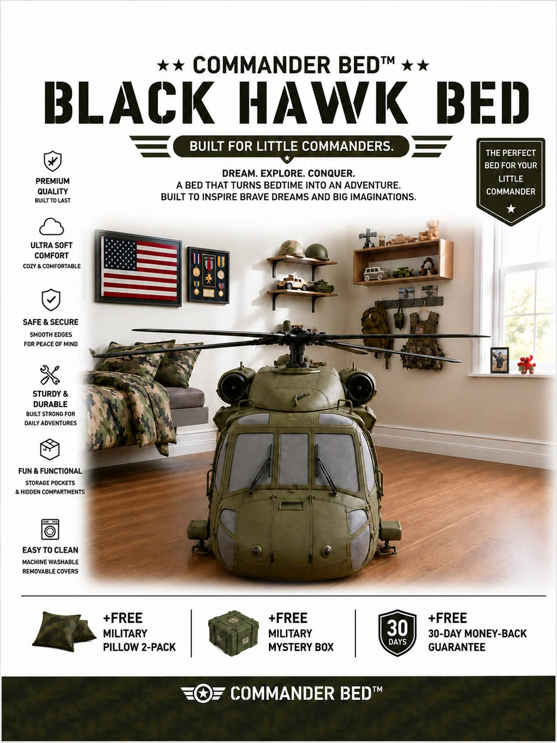 A promotional product graphic for the Commander Bed Black Hawk Bed by Commander Bed, showing a large olive green military helicopter model in a child's bedroom. The image includes large text reading 'BLACK HAWK BED,' feature callouts on the left, and a guarantee badge on the right.