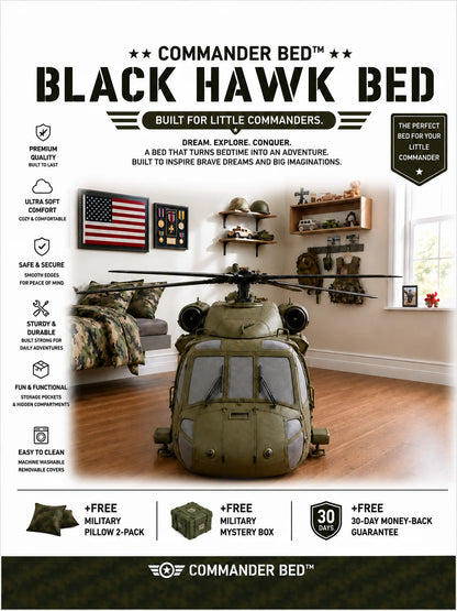 A promotional product graphic for the Commander Bed Black Hawk Bed by Commander Bed, showing a large olive green military helicopter model in a child's bedroom. The image includes large text reading 'BLACK HAWK BED,' feature callouts on the left, and a guarantee badge on the right.