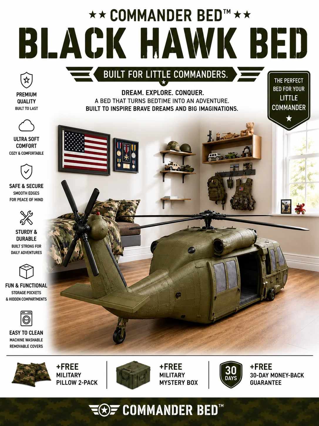 Promotional graphic for the Commander Bed Black Hawk Bed, showing a large olive green military helicopter model in a child's bedroom setting. The image includes feature callouts on the left, a room scene in the background, and product details like a military pillow and mystery box offer at the bottom.