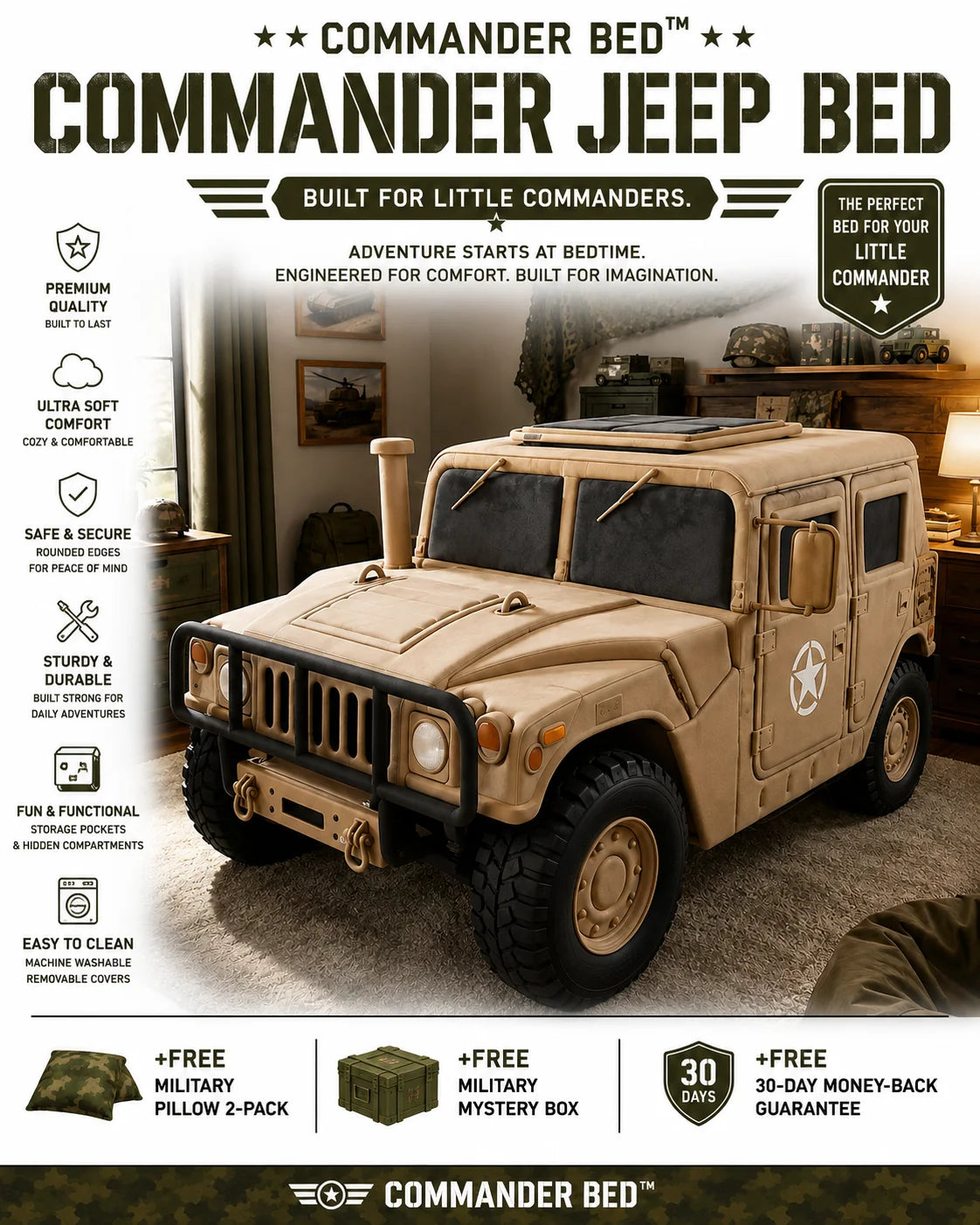 A promotional graphic for the Commander Jeep Bed by Commander Bed, showing a tan military-style vehicle styled as a bed in a rustic room. The image includes marketing text, feature icons, and offer badges, all on a dark background.