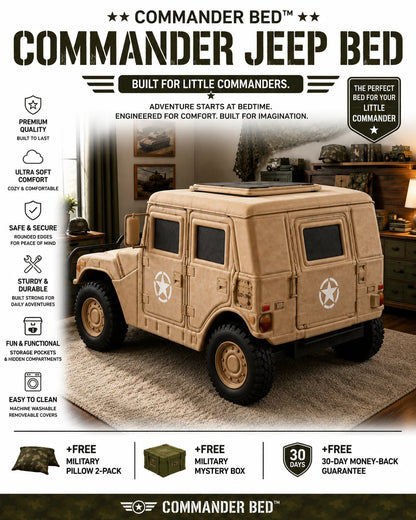 A promotional graphic for the Commander Bed toy, featuring a tan military-style jeep bed as the main product. The image includes marketing text, icons, and a room setting in the background showing the assembled toy in use.