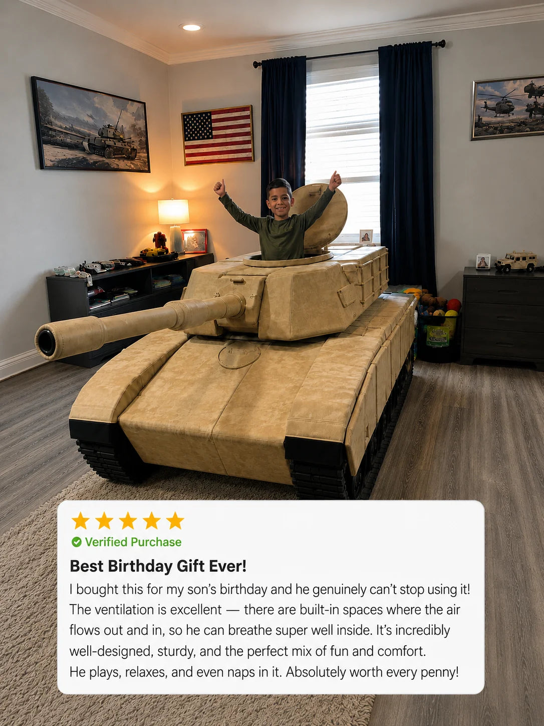 A child stands inside a large tan tank-shaped play structure in a children's bedroom, with a review card overlaid at the bottom showing a five-star rating and customer text.