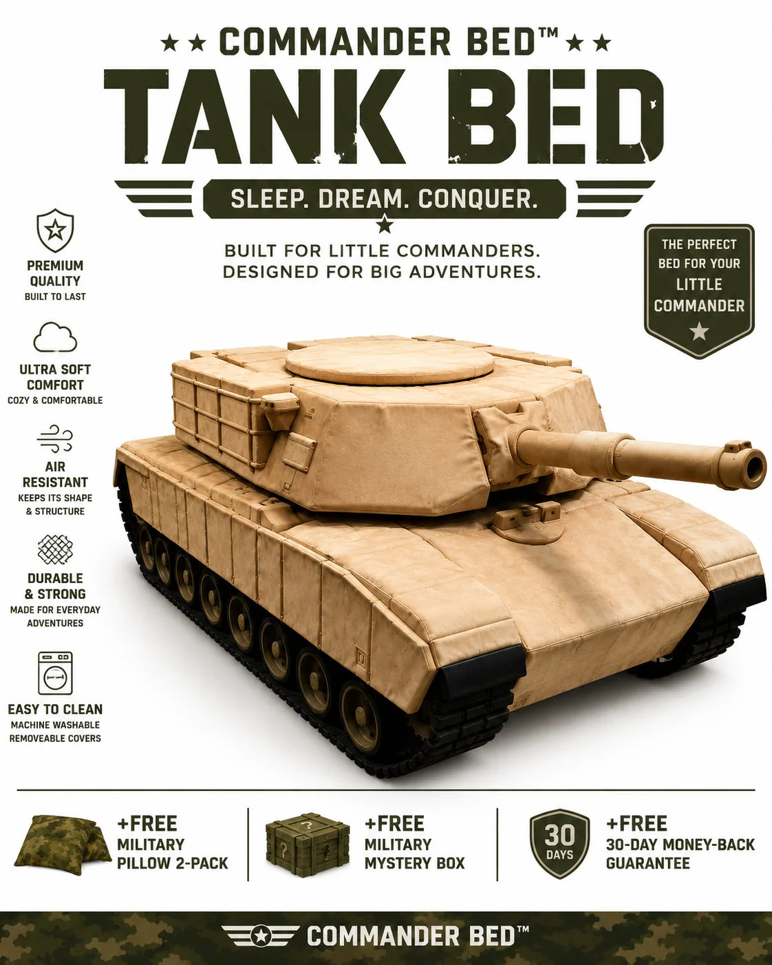 Commander Bed Tank Bed product packaging graphic featuring a tan military tank model, with text highlighting features like premium quality, ultra soft comfort, air resistant, durable, and easy to clean, plus bonus military pillow and mystery box offers.