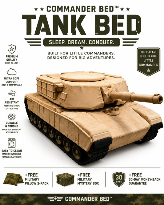 Commander Bed Tank Bed product packaging graphic featuring a tan military tank model, with text highlighting features like premium quality, ultra soft comfort, air resistant, durable, and easy to clean, plus bonus military pillow and mystery box offers.