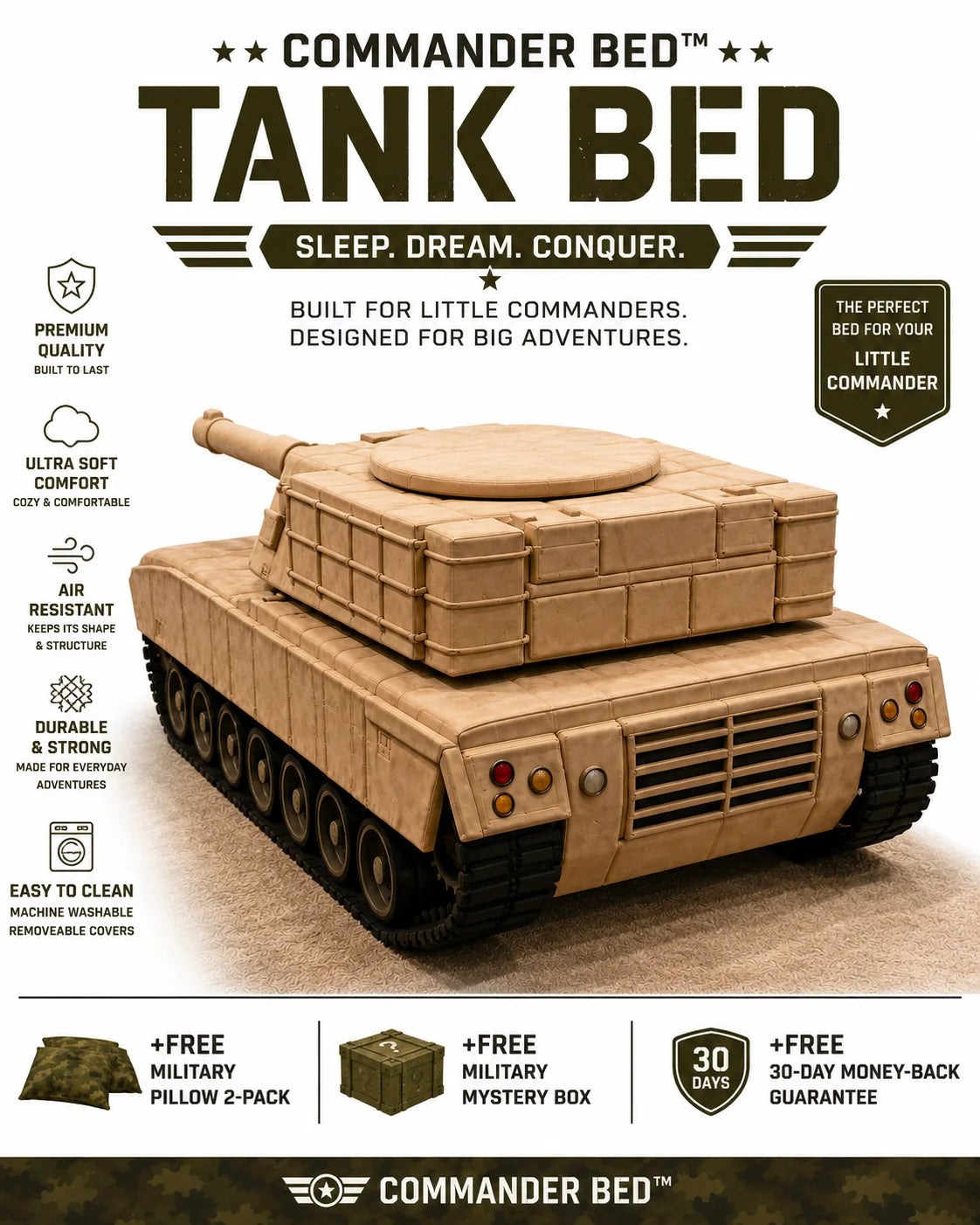 A tan military-style tank bed product shown on a white promotional background with large text reading 'COMMANDER BED TANK BED' and feature callouts around it.